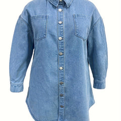 Casual Denim Jacket Women's Plus Solid Button Up Long Sleeve