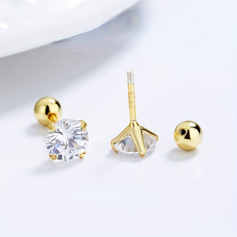 S925 Sterling Silver Zirconia Stud Earrings Girls Buckle Screw Pattern