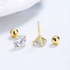 S925 Sterling Silver Zirconia Stud Earrings Girls Buckle Screw Pattern
