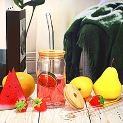 Glass Cup With Bamboo Cover And Glass Straw 16.91oz