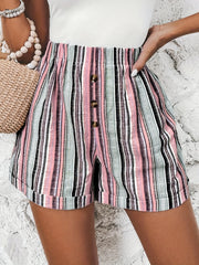 Striped Elastic Waist Shorts Boho Button Summer Women's Clothing