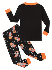 2pcs Halloween Pumpkin Print Boys Pajamas Set Long Sleeve T shirt & Pants