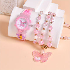 3pcs Butterfly Watch Set for Girls Pink Glow in Dark Quartz Wristwatch Necklace