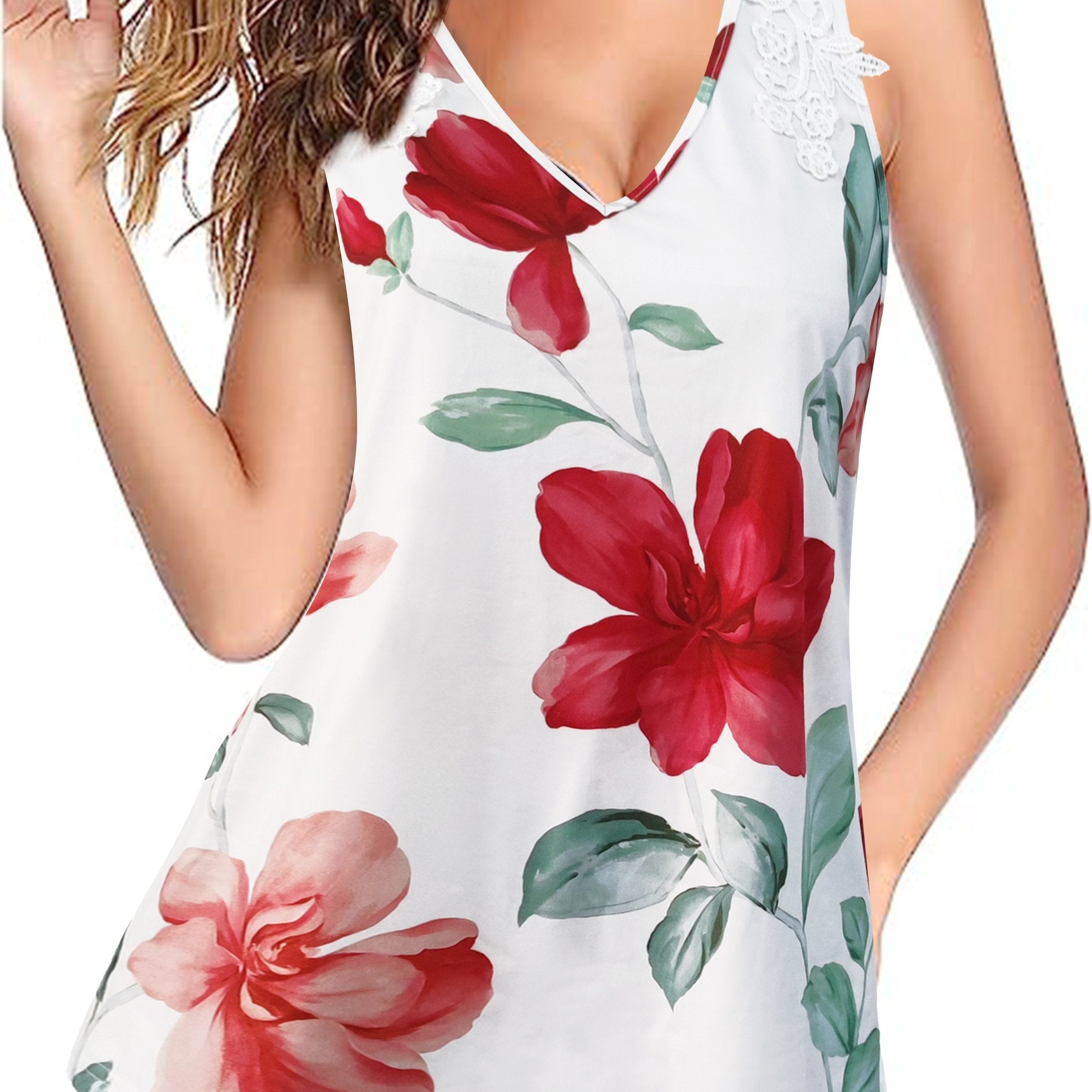 Floral Print Lace Tank Top Sleeveless Summer V-Neck
