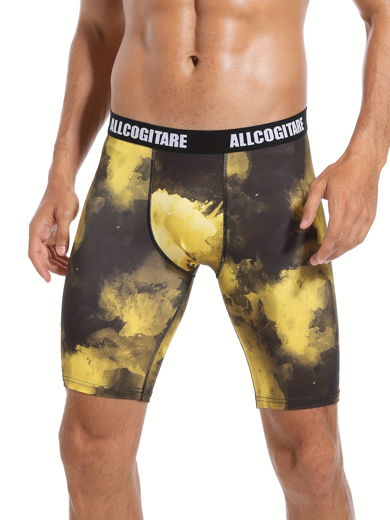 Men's Swim Boxers Yellow Smoke Print Hawaiian Style Swimsuit Shorts Pants