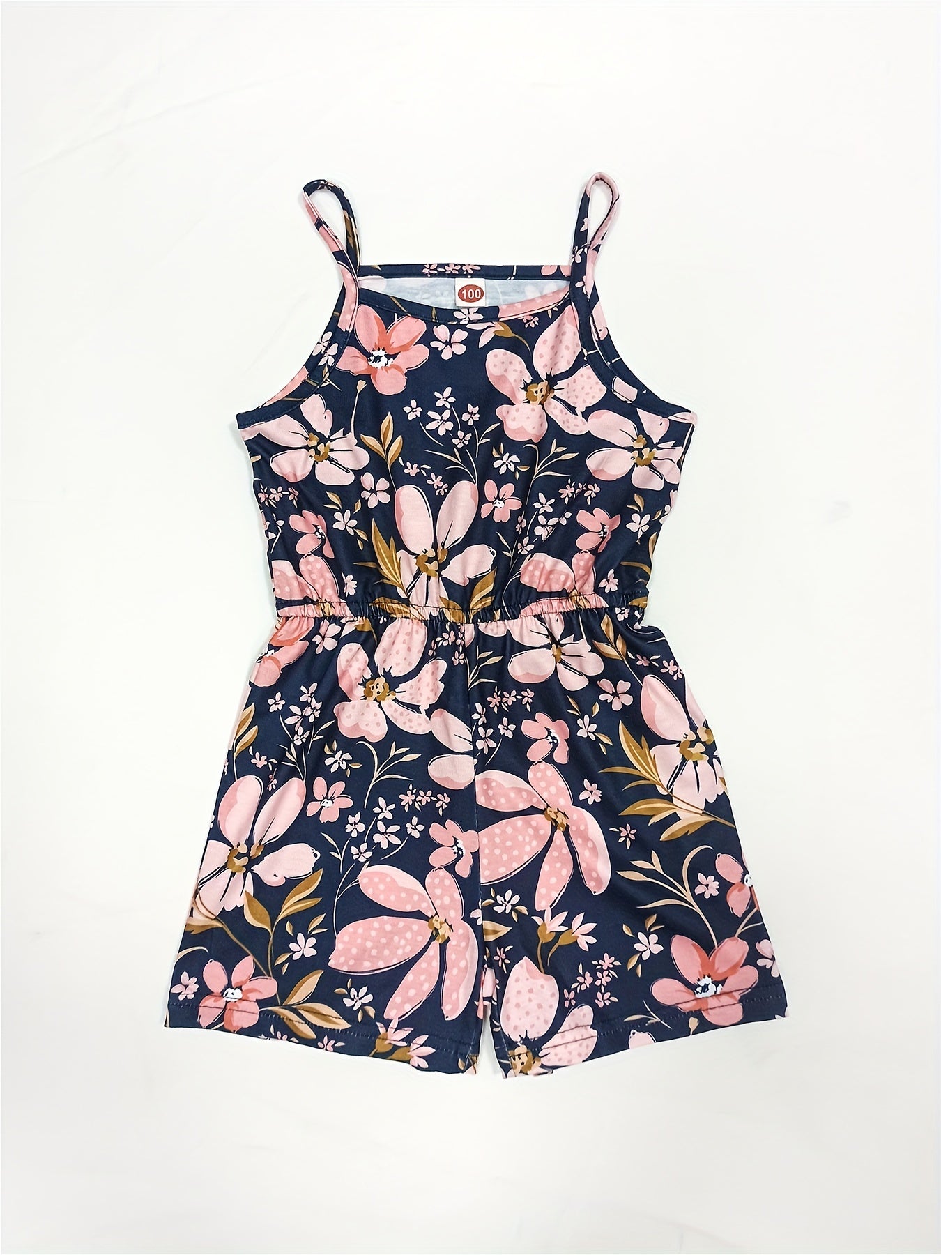 Girls Flowers Print Cami Romper Stretch Suspenders Jumpsuit