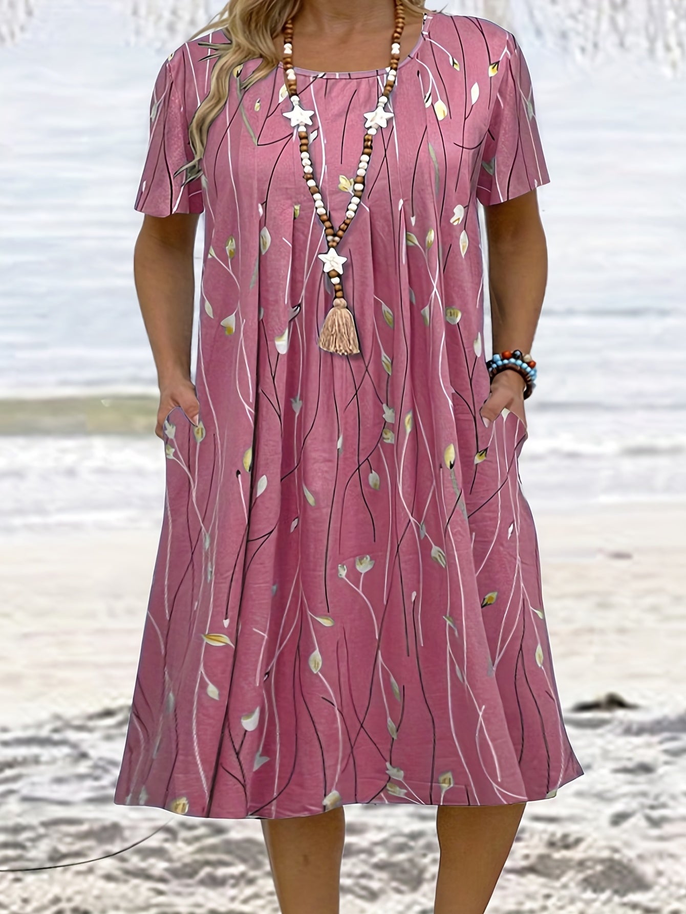 Leaf Print Short Sleeve Casual Dress With Pockets