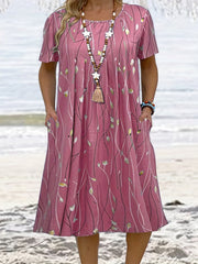 Leaf Print Short Sleeve Casual Dress With Pockets