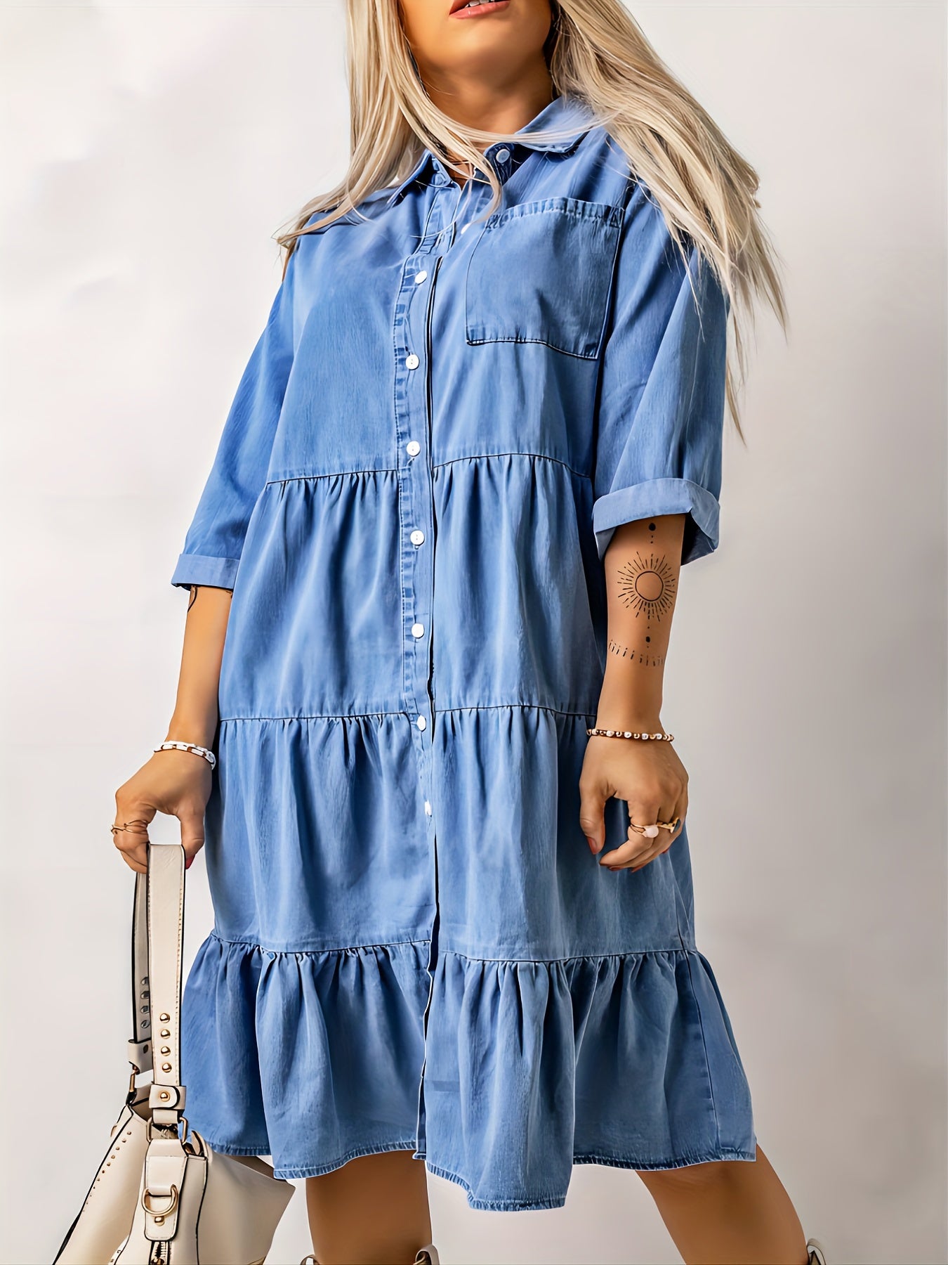 Ruched Peplum Denim Dress Single Breasted Button