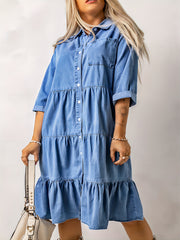 Ruched Peplum Denim Dress Single Breasted Button
