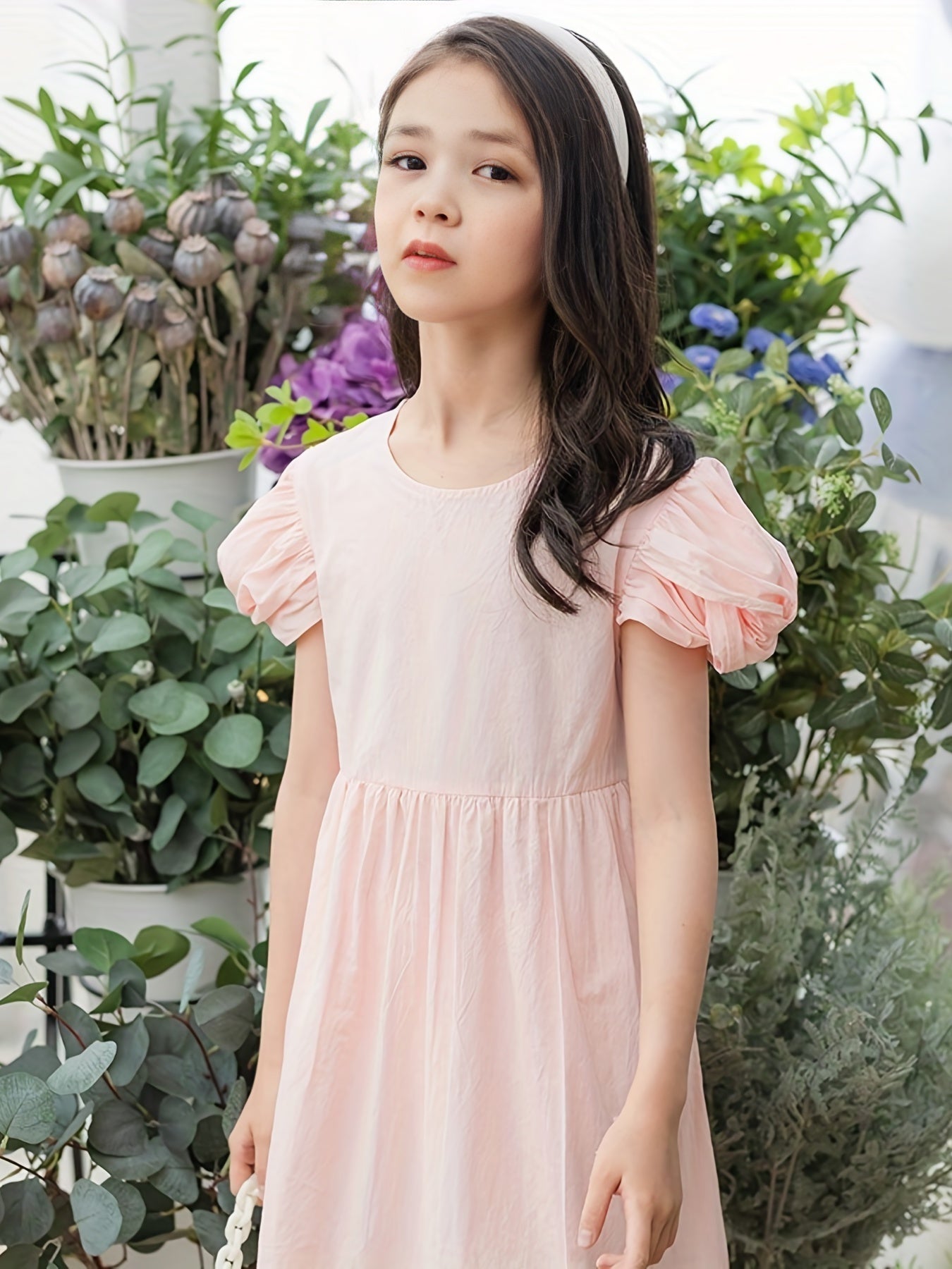Girl's Summer Cotton Dress Crew Neck Puff Sleeves Bowtie Princess Dress
