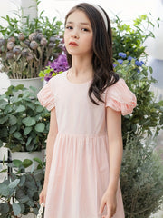 Girl's Summer Cotton Dress Crew Neck Puff Sleeves Bowtie Princess Dress