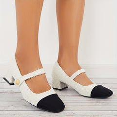 Women's Tweed Low Heel Mary Jane Colorblock Chunky Heels