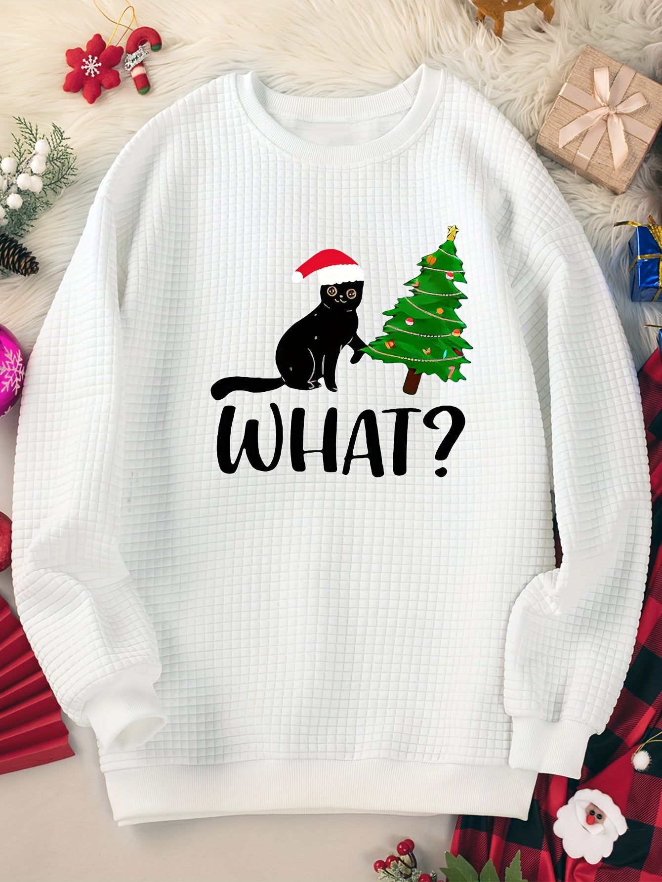 Christmas Lounge Top Women's Crew Neck Waffle Home Wear Pullover