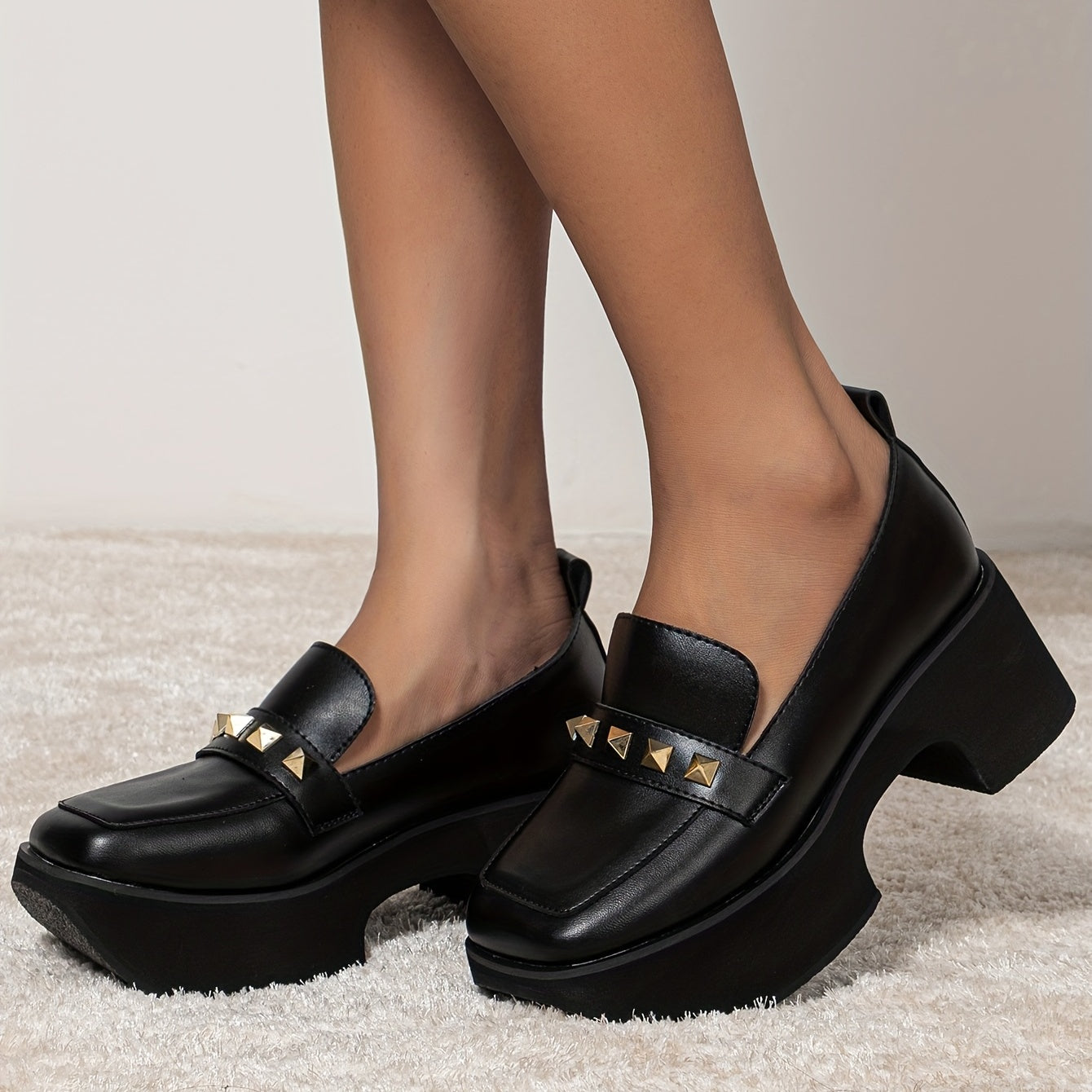 Women's Platform Chunky Loafers Rivet Decor Slip-On Shoes