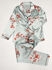 Floral Satin Pajama Set Long Sleeve Top & Pants
