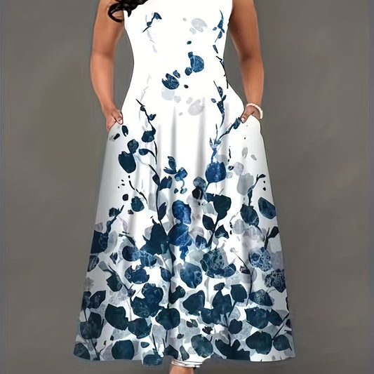 Leaf Print Maxi Tank Dress With Pockets