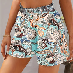 Plant Print Wide Leg Shorts Elastic Waist