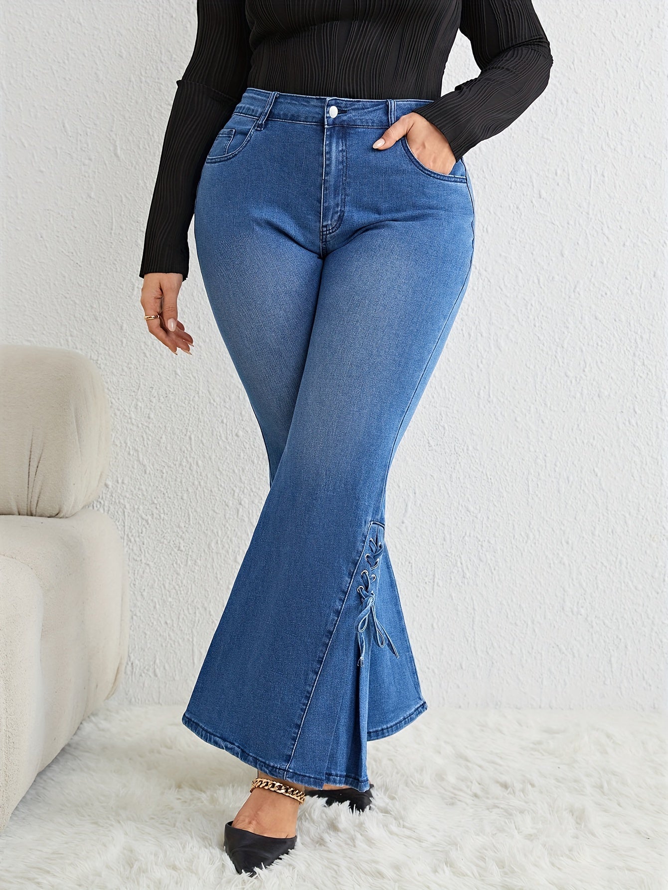 Women's Washed Button Fly Lace Up Flared Leg Jeans