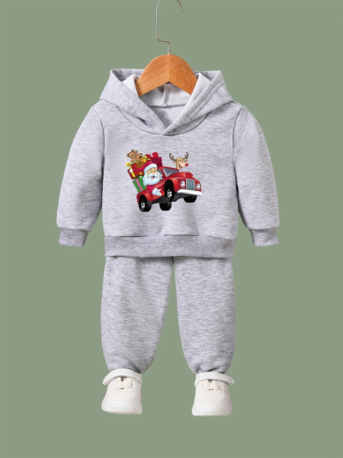 Santa & Reindeer Car Print Girls Hoodie Jogger Pants Set