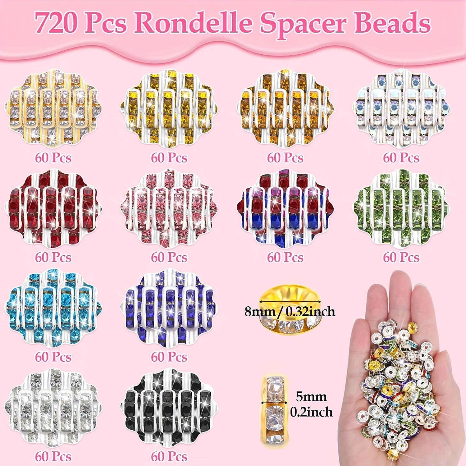 8mm Rhinestone Spacer Beads for Jewelry Making - 720pcs, 12 Colors