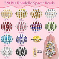 8mm Rhinestone Spacer Beads for Jewelry Making - 720pcs, 12 Colors