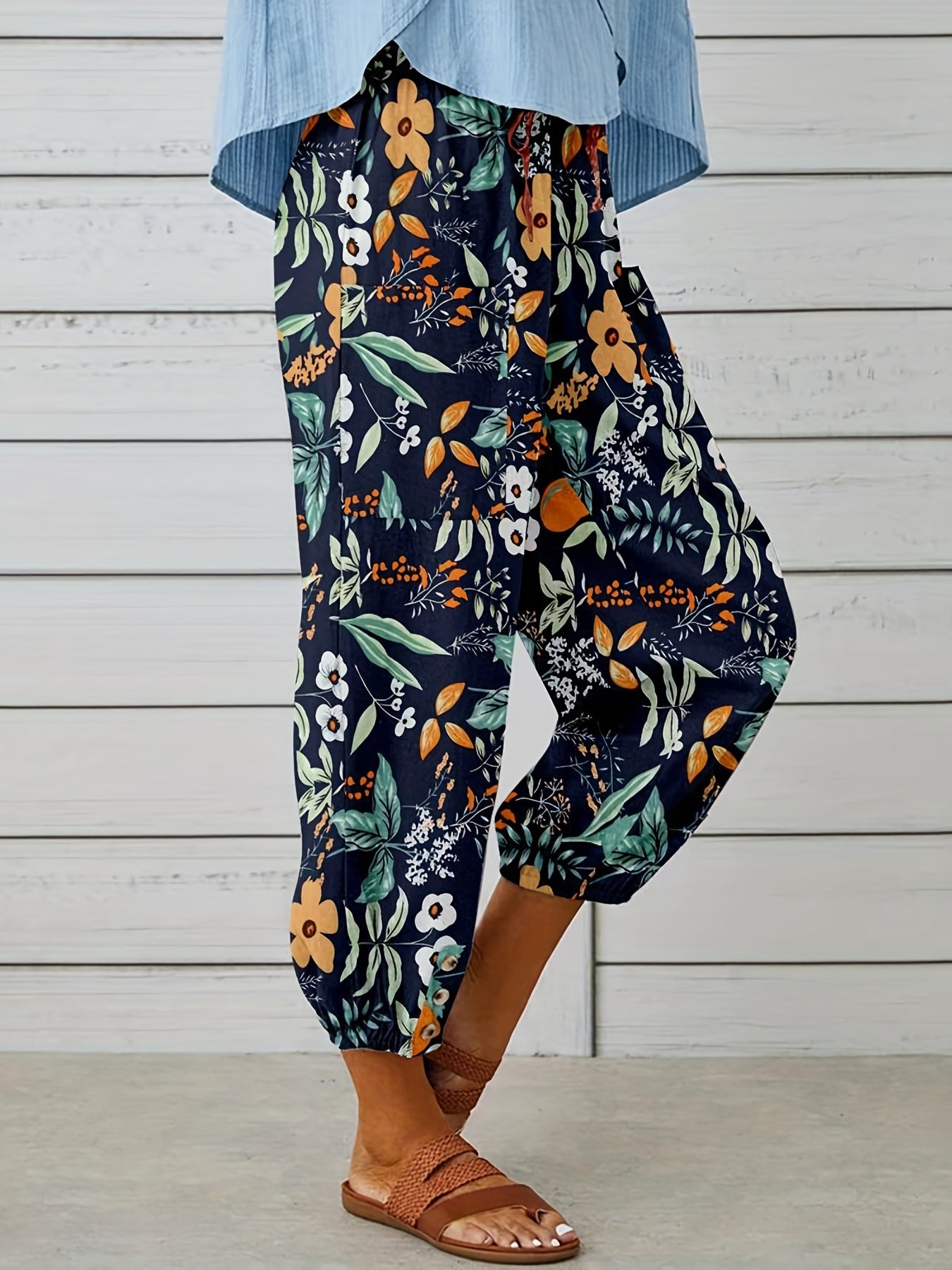 Floral Print Cropped Pants High Waist Loose Casual Pants