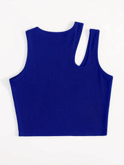 Solid Cutout Crop Tank Top Sleeveless Summer Casual Crew Neck