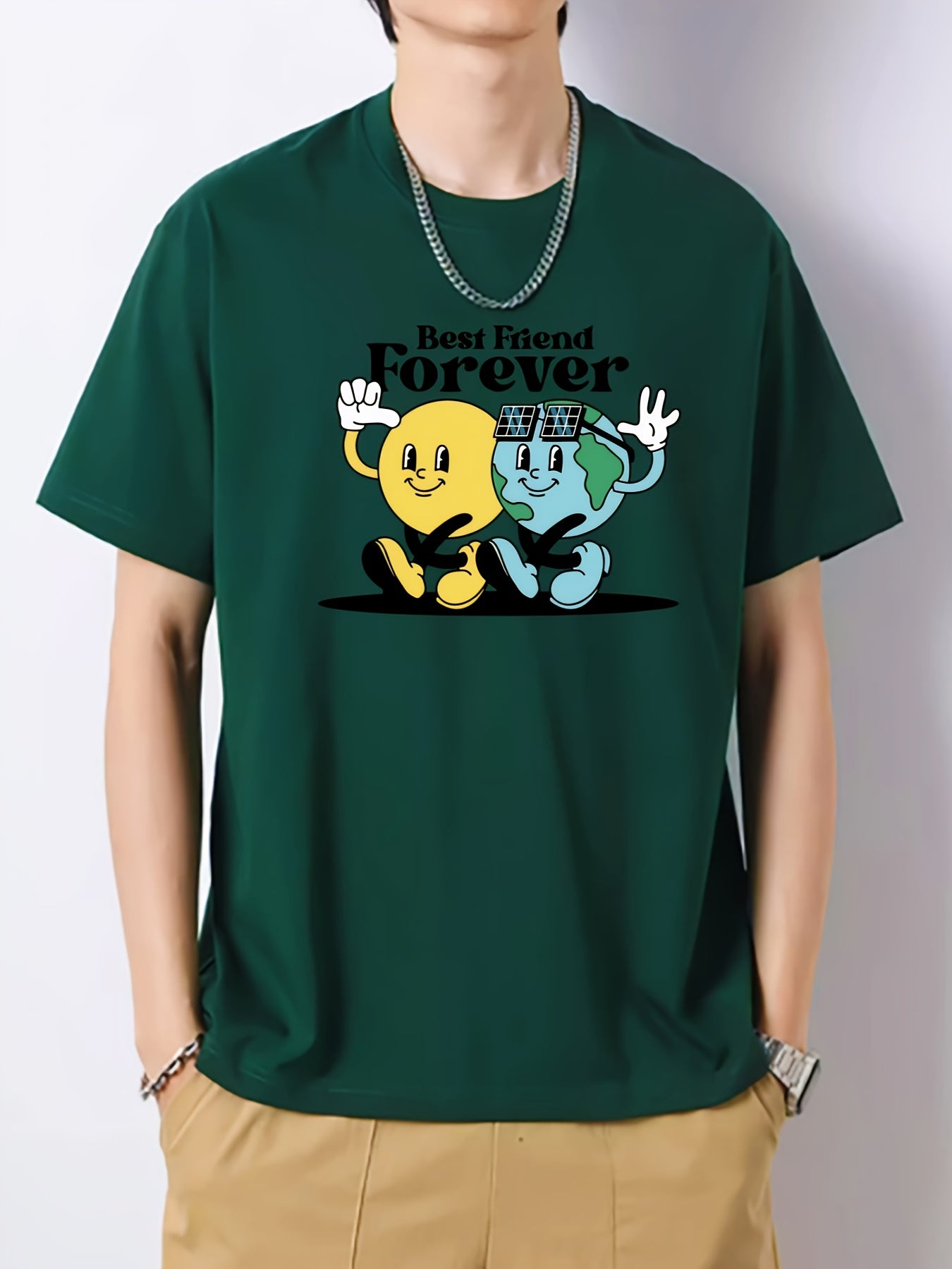 Cartoon Planets Print Men's Cotton Graphic Crew Neck Active T shirt