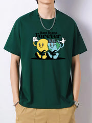 Cartoon Planets Print Men's Cotton Graphic Crew Neck Active T shirt