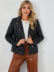 PU Leather Print Biker Jacket Zipper Street Wear