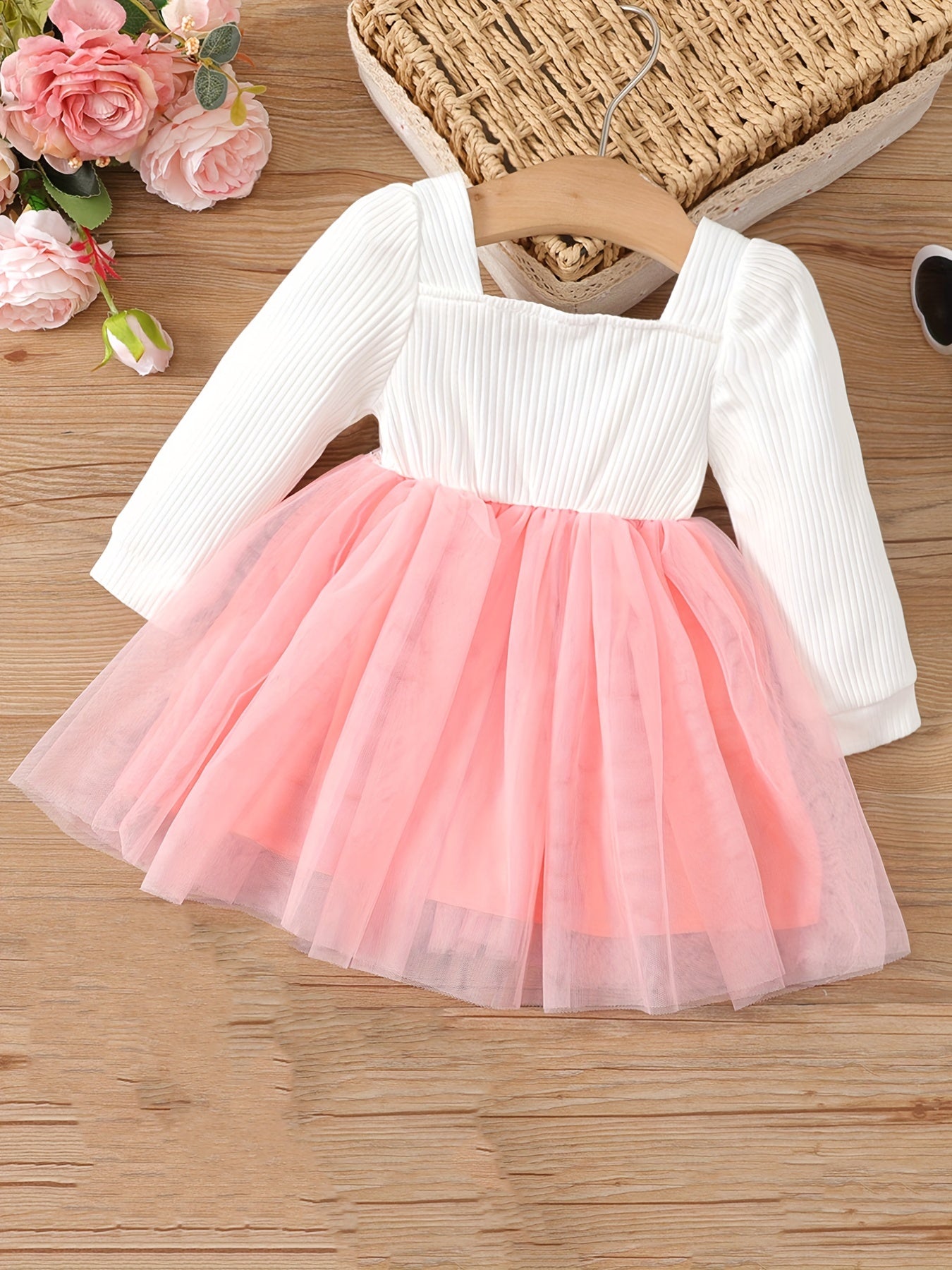 Infant Baby Girls Square Neck Long Sleeve Flower Mesh Dress