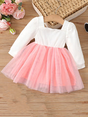 Infant Baby Girls Square Neck Long Sleeve Flower Mesh Dress