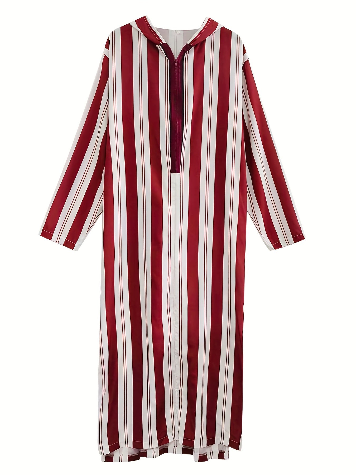 Islamic Arabic Kaftan Men Long Sleeve Vertical Striped V Neck Hooded