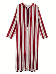 Islamic Arabic Kaftan Men Long Sleeve Vertical Striped V Neck Hooded