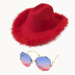 Y2K Feather Cowgirl Hat & Sunglasses Set - Cowboy Jazz Fedora Cap & Gradient Eye