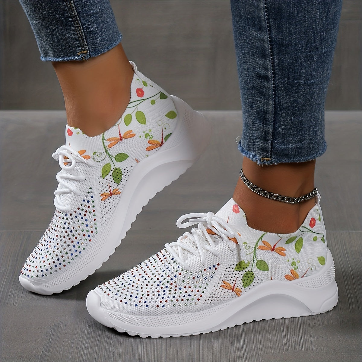 Dragonfly Print Knit Sports Shoes Rhinestone Decor Low Top Running Shoes