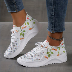 Dragonfly Print Knit Sports Shoes Rhinestone Decor Low Top Running Shoes