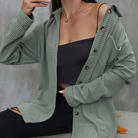 Solid Waffle Pattern Button Up Long Sleeve Shacket