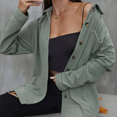 Solid Waffle Pattern Button Up Long Sleeve Shacket
