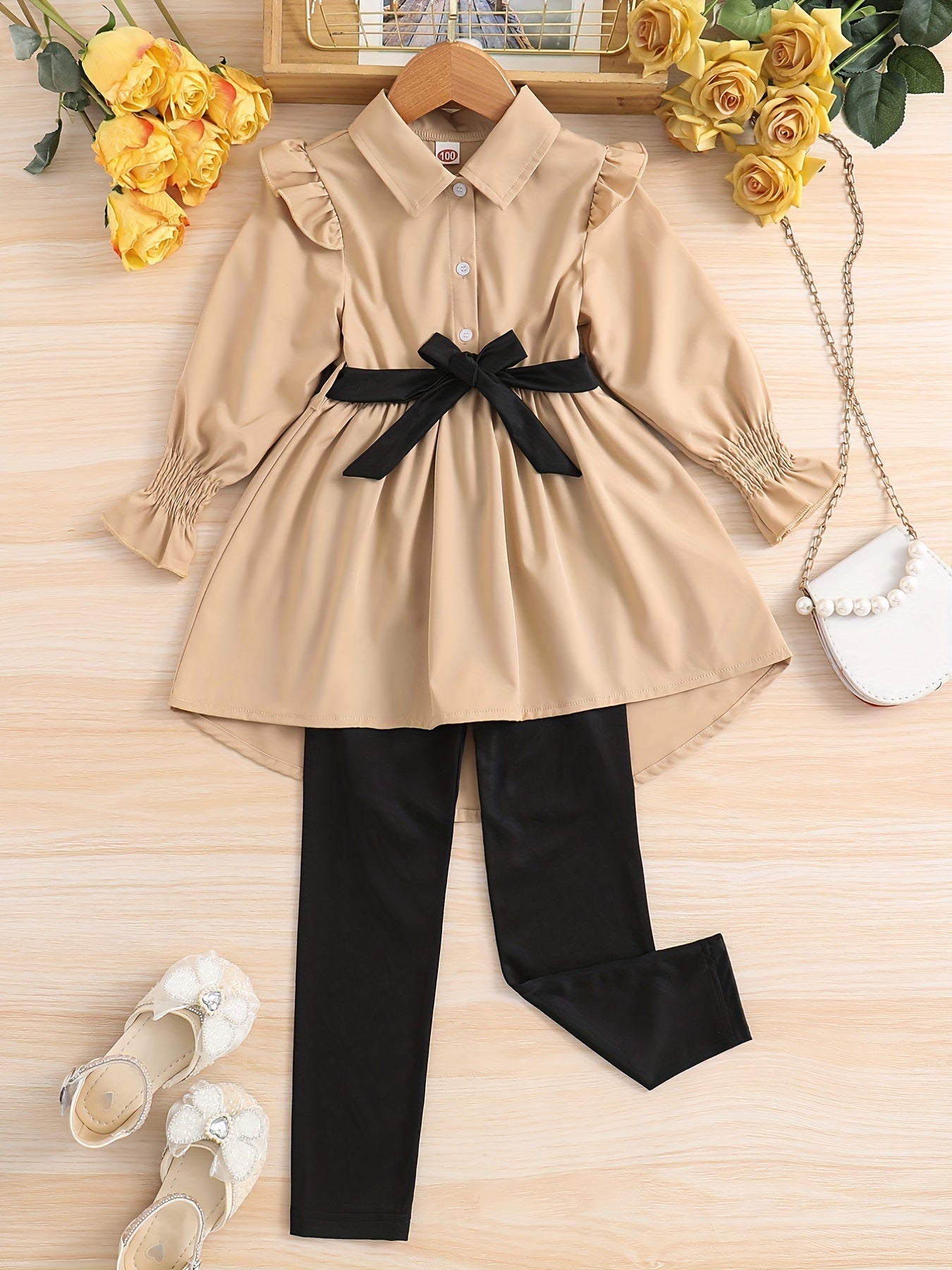 Girl's Lapel Top & Trousers Set With Belt