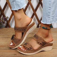 Flower & Rhinestone Wedge Slippers Open Toe Non Slip Arch Support Sandals