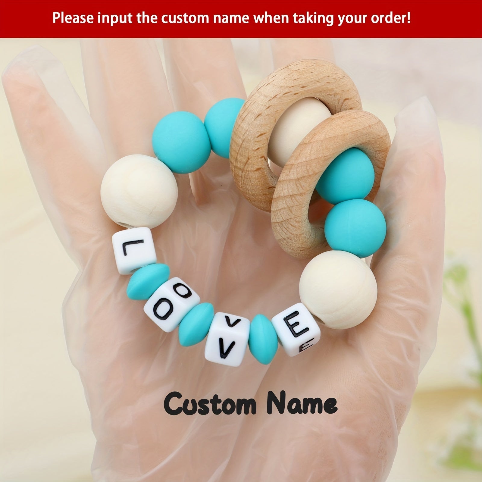 Personalized Wooden Teether Rattle with Silicone Beads