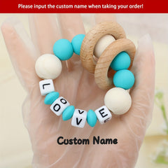 Personalized Wooden Teether Rattle with Silicone Beads
