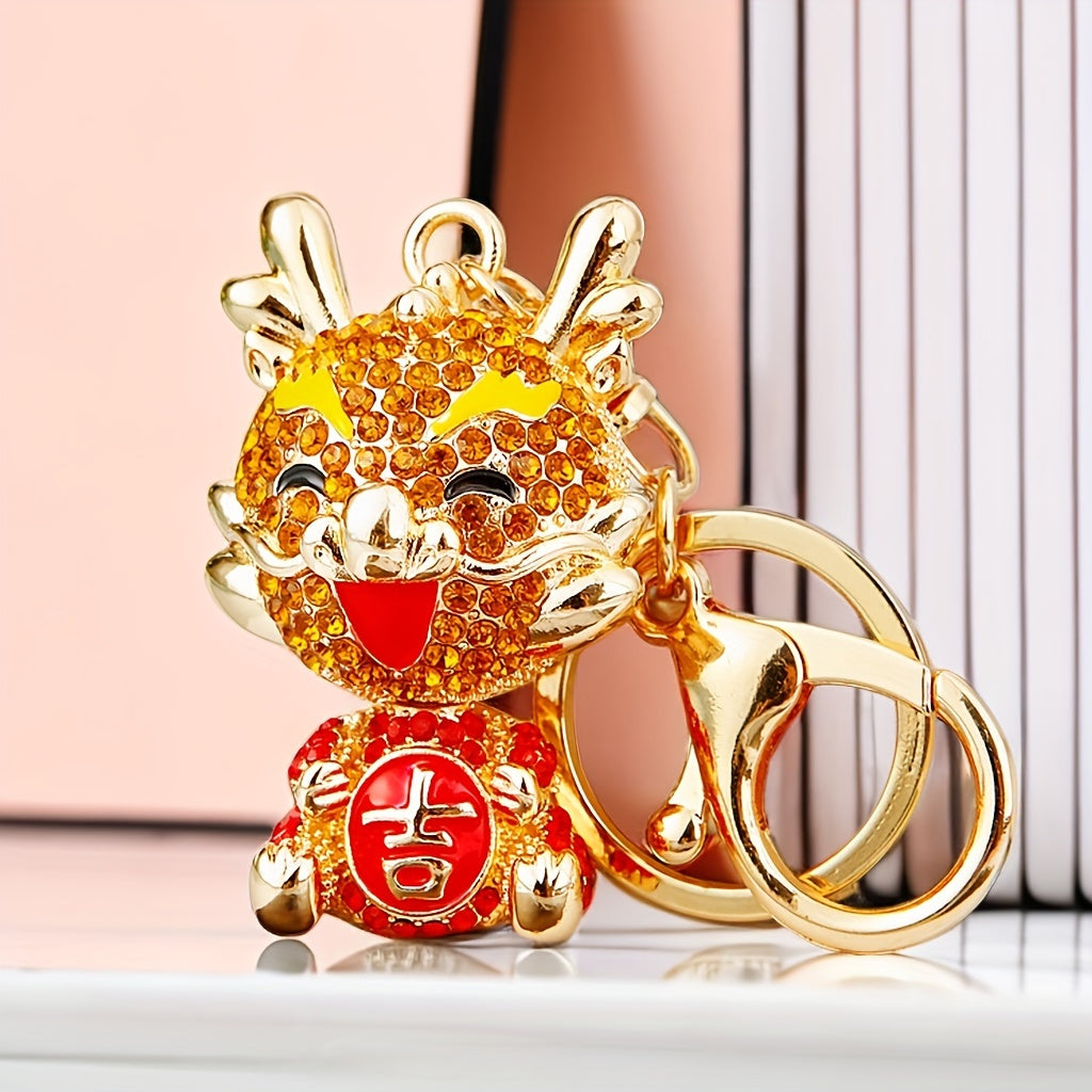 Chinese Dragon Car Key Chain Metal Bag Pendant Keychain Rhinestone Decor