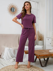 Solid Lounge Set Short Sleeve Crew Neck Top & Elastic Waistband Pants