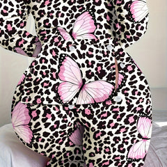 Sexy Sleepwear Jumpsuit: Butterfly & Leopard Print Long Sleeve