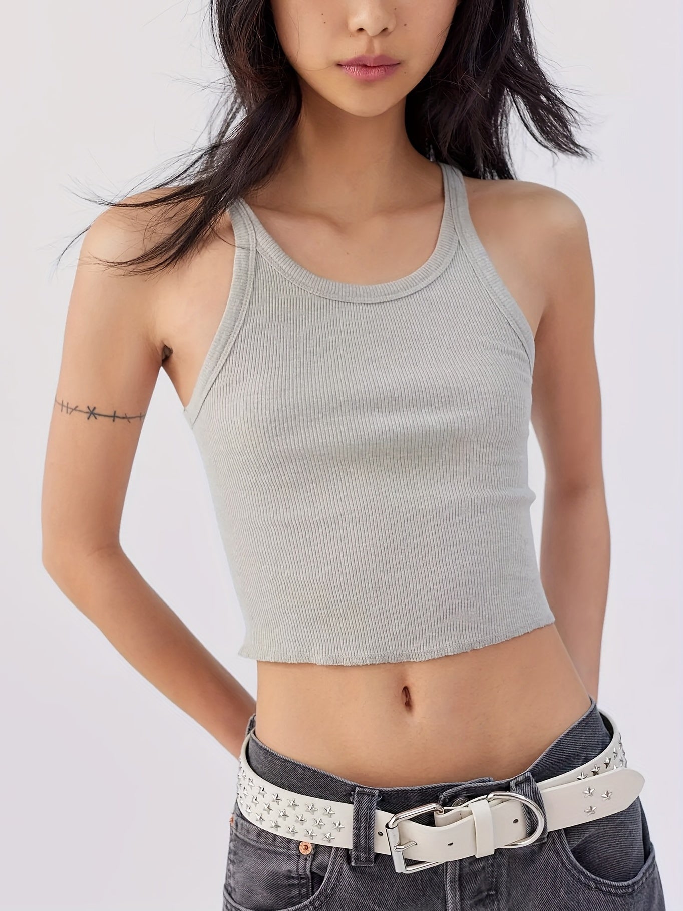 Ribbed Cami Top Crew Neck Sleeveless Summer Top