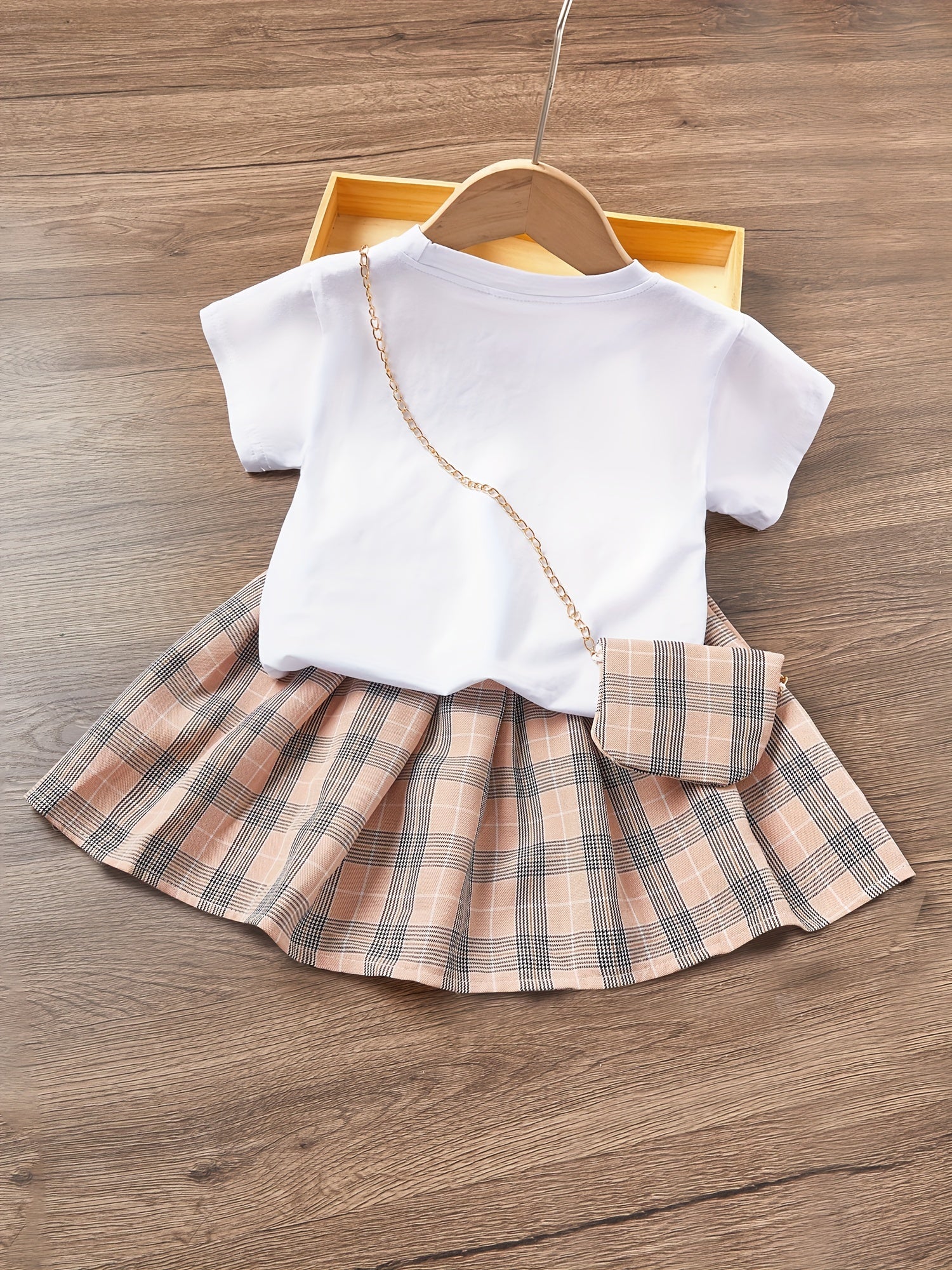 Toddler Girls Top And Plaid Skirt Set With Bag Kids Clothes
