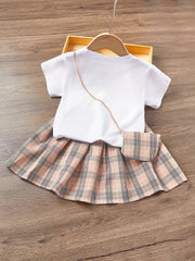 Toddler Girls Top And Plaid Skirt Set With Bag Kids Clothes